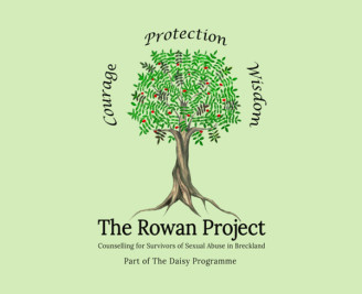 Rowan Project logo images of a tree with words courage, protection, wisdom