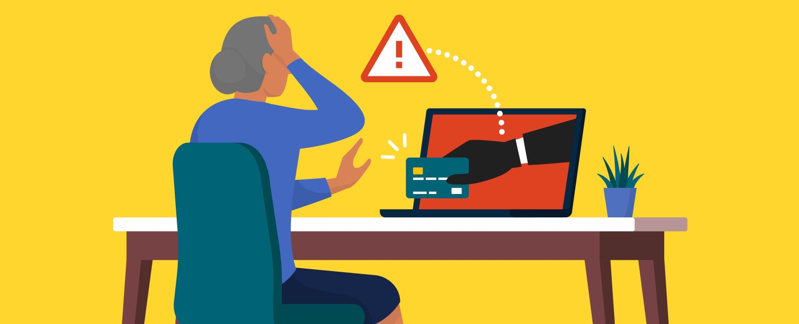 Computer Fraud illustration of woman at her PC in distress