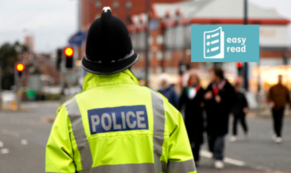 Photo shows a police officer and highlights the Easy Read version of the Police, Crime and Community Safety Plan