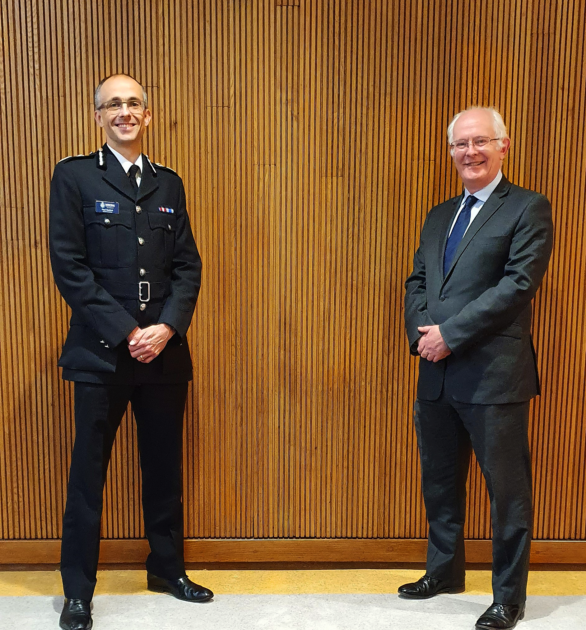 Photo shows Chief Constable Paul Sanford and PCC Giles Orpen-Smellie at County Hall, Norfolk