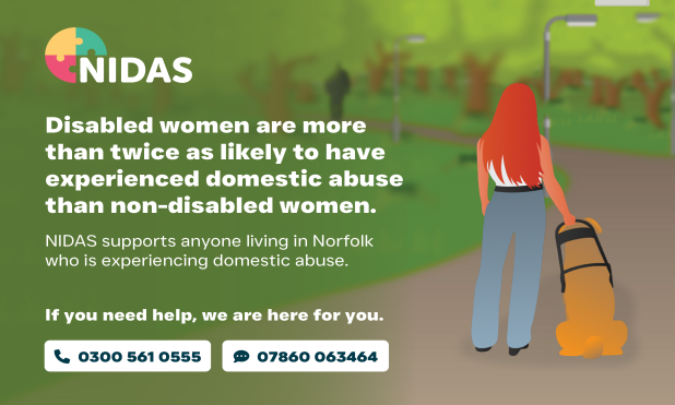 Female with guide dog - NIDAS hidden disability and domestic abuse campaign Female with guide dog - NIDAS hidden disability and domestic abuse campaign