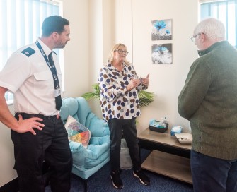 PCC Giles Orpen-Smellie talks to staff in new counselling room