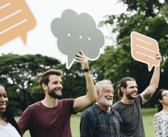 People holding speech bubbles