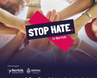 Stop Hate In Norfolk logo over hands joined together